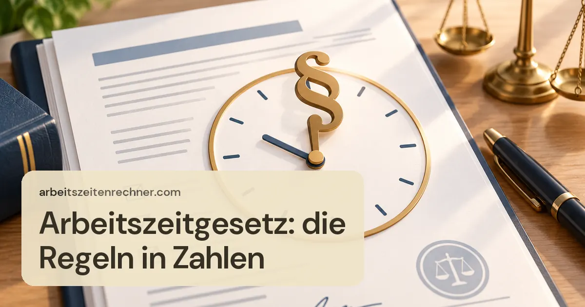 Arbeitszeitgesetz: die Regeln in Zahlen – Dokument mit Paragrafenzeichen und Uhr, daneben eine Waage