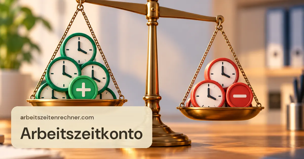 Arbeitszeitkonto – Waage mit Plus- und Minusstunden als Uhren-Münzen