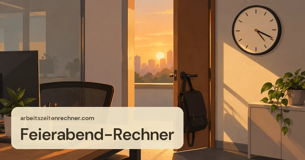 Feierabend-Rechner – Büro mit offener Tür und Abendsonne, Tasche an der Klinke, Uhr an der Wand