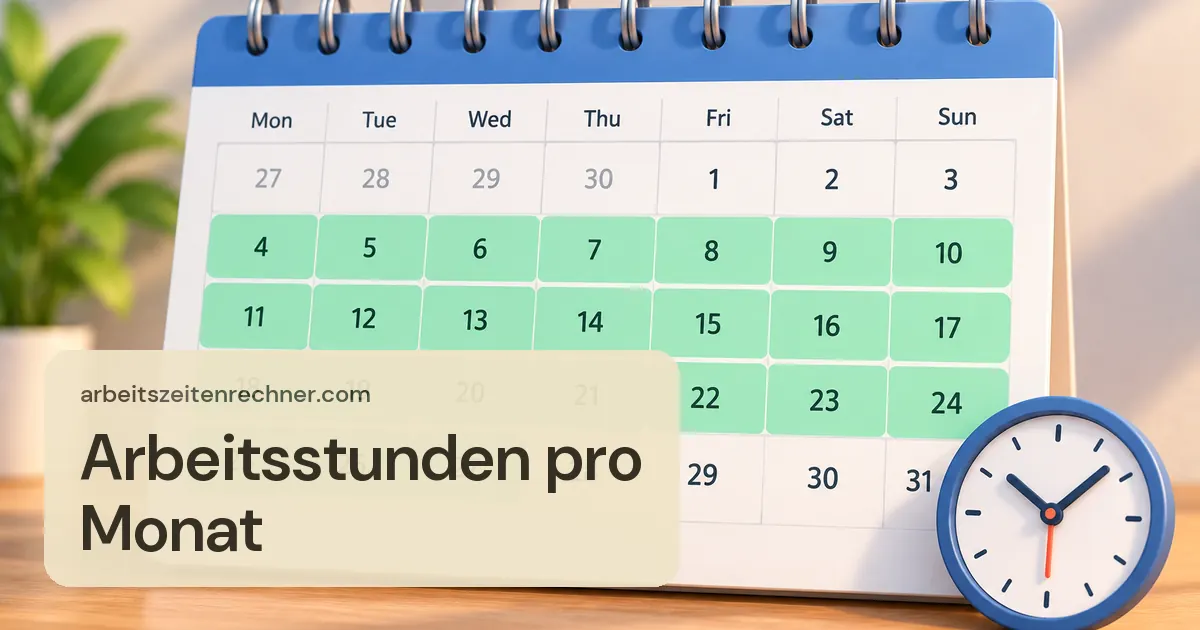 Arbeitsstunden pro Monat – Monatskalender mit markierten Arbeitswochen und einer Uhr