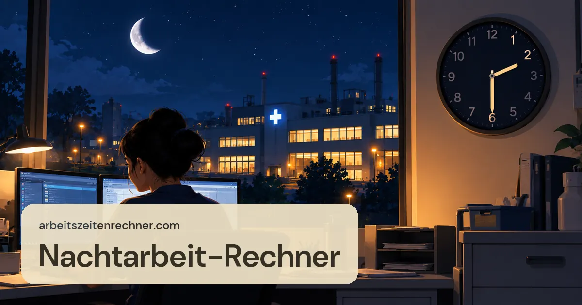 Nachtarbeit-Rechner – Person bei der Nachtschicht am Bildschirm, draußen Mond und beleuchtetes Gebäude