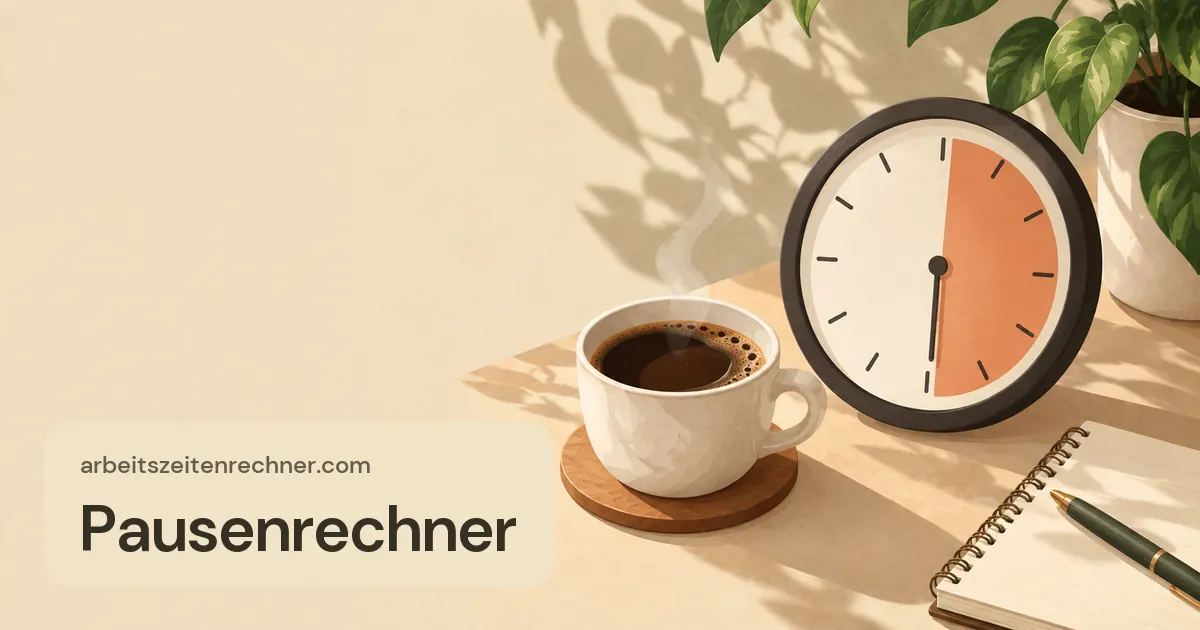 Pausenrechner – Kaffeetasse neben einer Uhr mit markiertem Pausen-Abschnitt