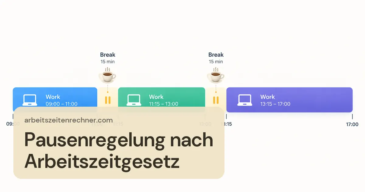 Pausenregelung nach Arbeitszeitgesetz – Arbeitstag als Zeitleiste mit Arbeitsblöcken und zwei Pausen