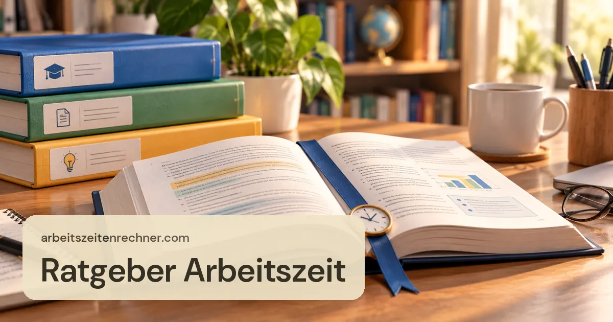 Ratgeber Arbeitszeit – Aufgeschlagenes Buch mit Armbanduhr als Lesezeichen vor einem Bücherregal