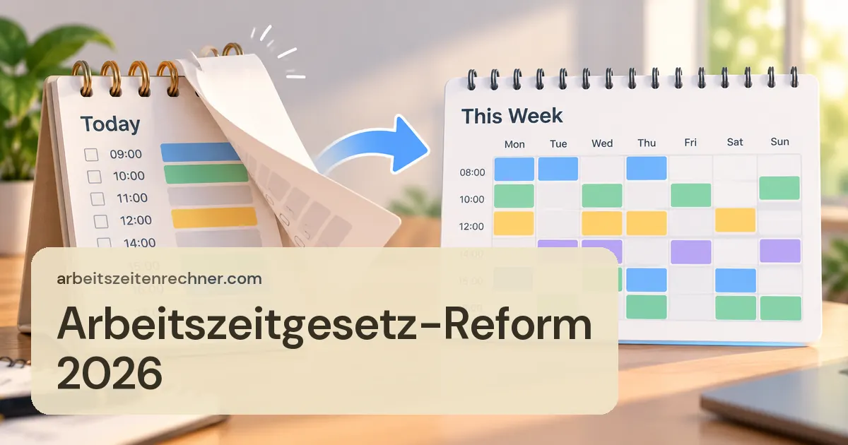 Arbeitszeitgesetz-Reform 2026 – Kalender, der von einer Tagesansicht zu einer Wochenansicht umblättert