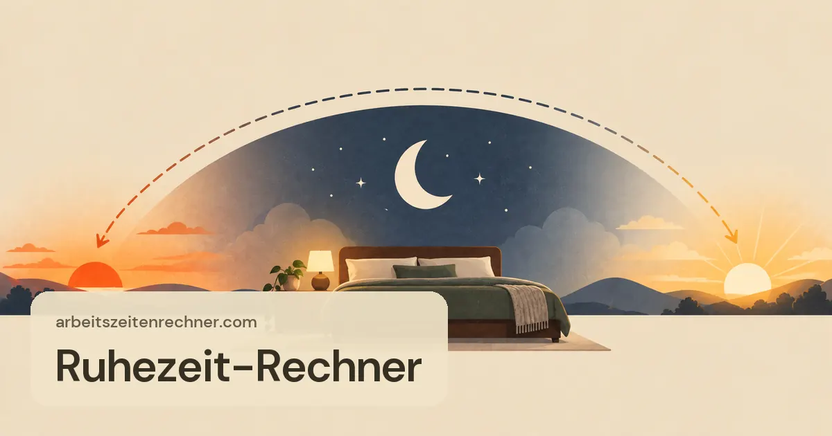 Ruhezeit-Rechner – Bett unter einem Bogen von Sonnenuntergang über Mond bis Sonnenaufgang als Ruhezeit