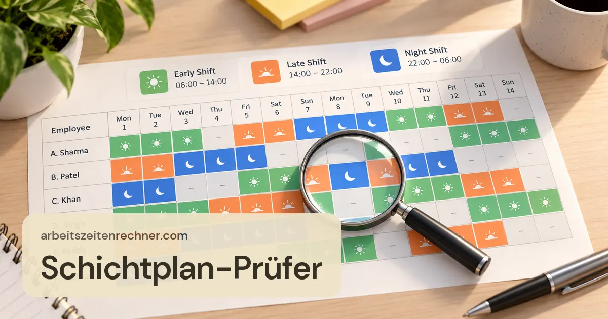 Schichtplan-Prüfer – Farbiger Schichtplan mit Früh-, Spät- und Nachtschichten unter einer Lupe