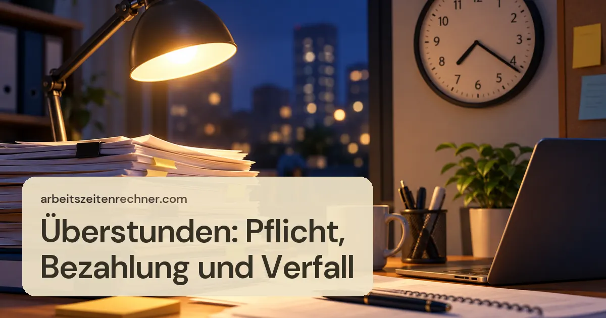 Überstunden: Pflicht, Bezahlung und Verfall – Schreibtischlampe am Abend über einem Stapel Akten, die Uhr zeigt nach Feierabend