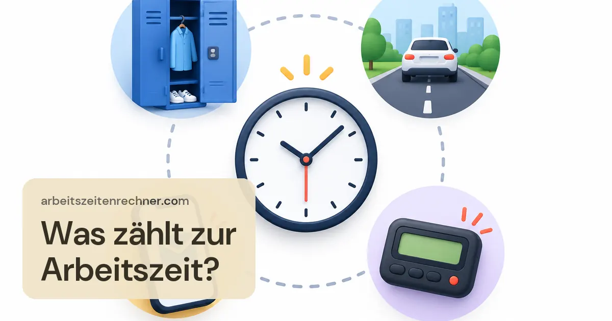 Was zählt zur Arbeitszeit? – Uhr umgeben von Spind, Arbeitsweg, E-Mail auf dem Handy und Pager