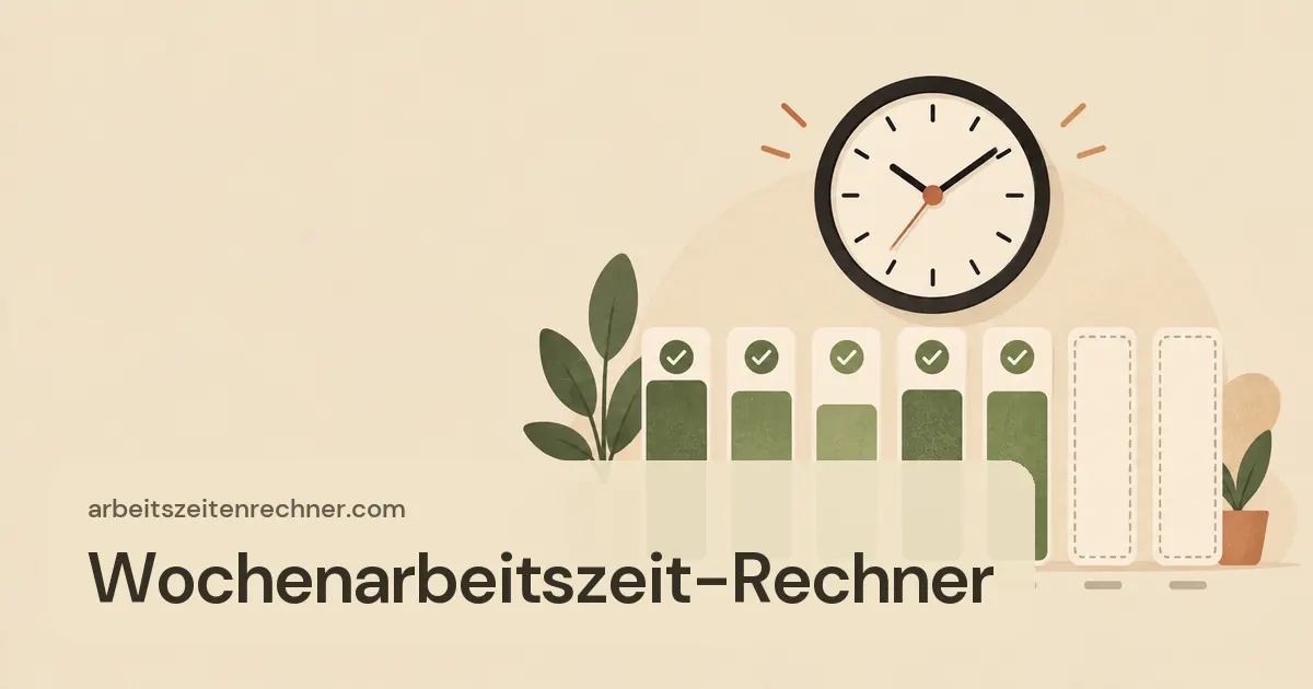 Wochenarbeitszeit-Rechner – Sieben Balken für die Wochentage, fünf Arbeitstage abgehakt, darüber eine Uhr