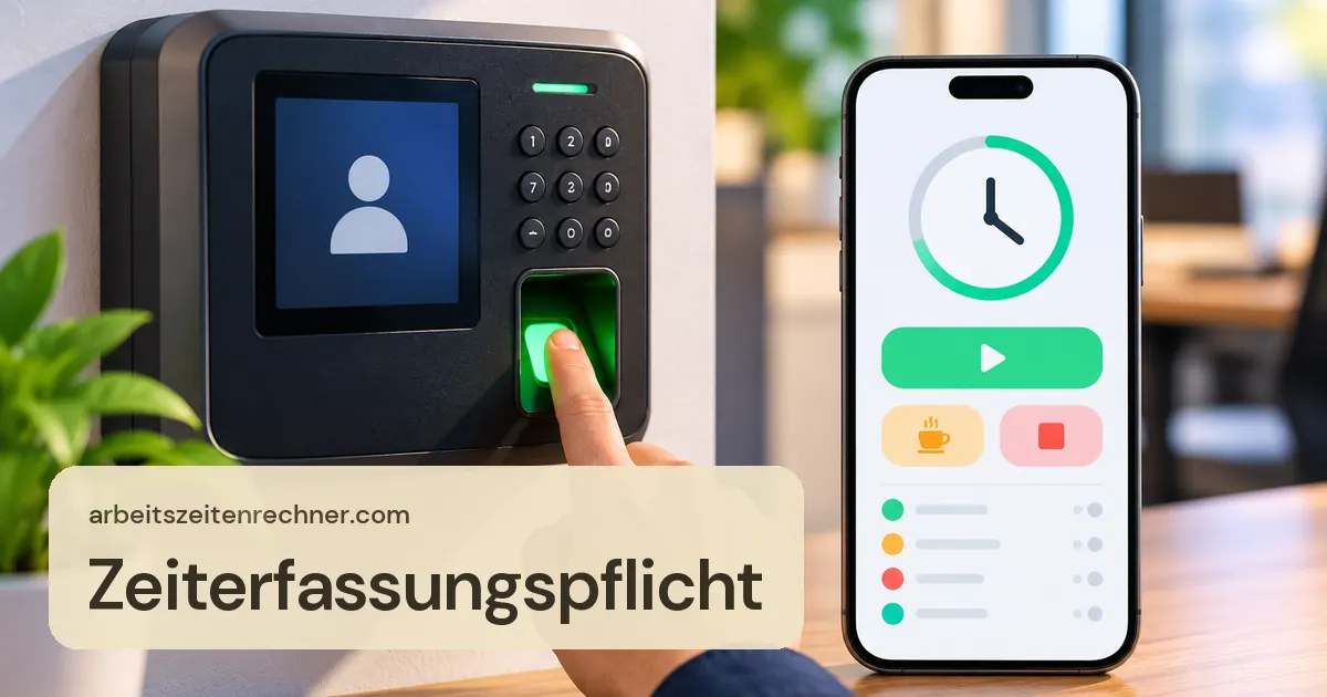 Zeiterfassungspflicht – Zeiterfassungsterminal mit Fingerabdruck und Smartphone mit Zeiterfassungs-App